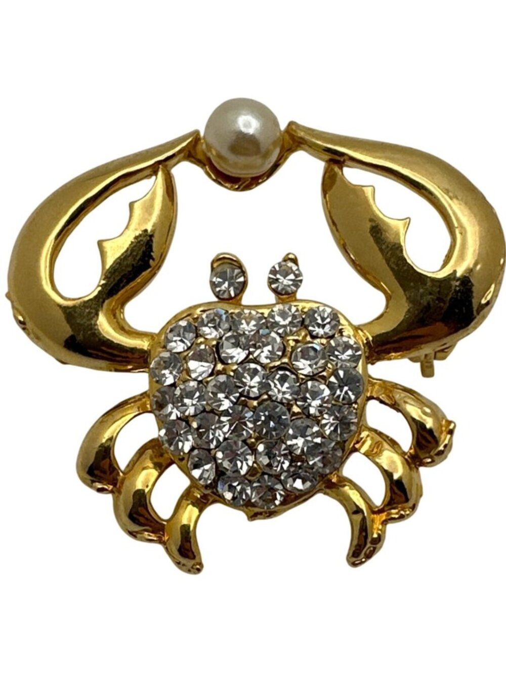 Whimsical 80s Rhinestone Crab Pin Brooch Costume Faux Pearl Gold Tone Sparkling